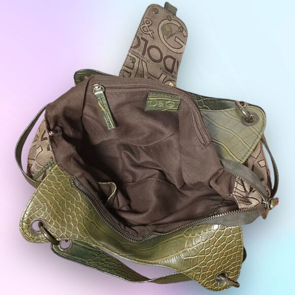 Dolce&Gabbana Shoulder Bag Designer Purse Brown Fabric w/ Green Textured Leather - Picture 7 of 13